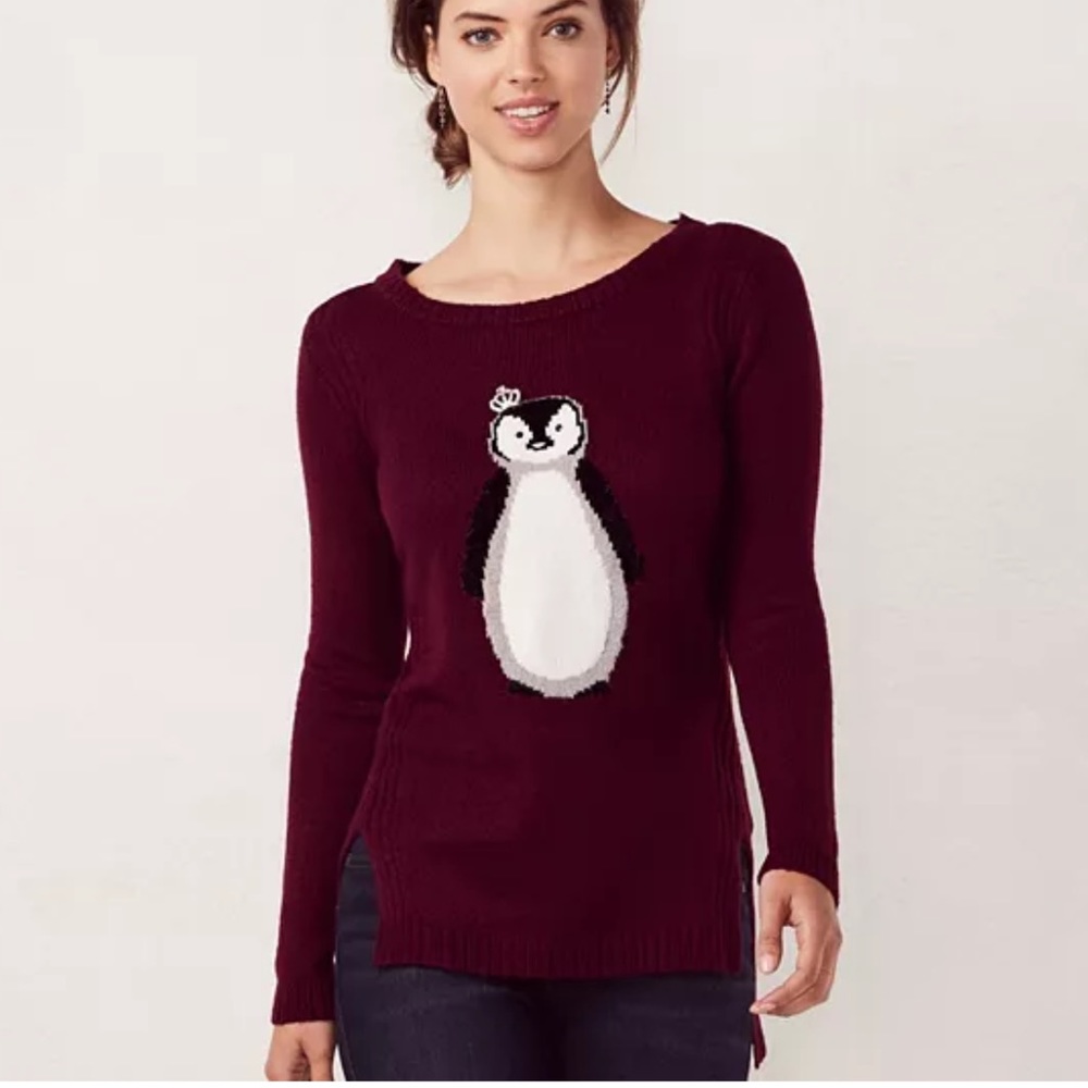 LC Lauren Conrad High-Low Crewneck Penguin Sweater